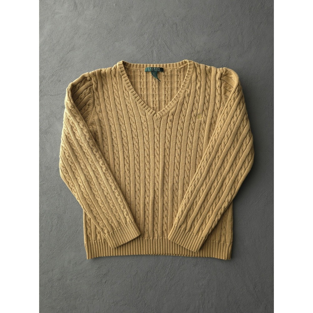 Vintage 2000s Y2K Lauren Ralph Lauren Beige Women's V-neck Cable Knit Sweater XL